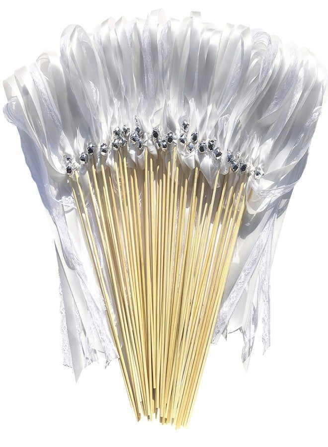Kingsnow 50 Pack White Lace Ribbon Wands Wedding Streamers with Silver Bells, Silk Fairy Stick Wish Wands for Wedding Send off Party Activities Holiday Celebration - Image 1